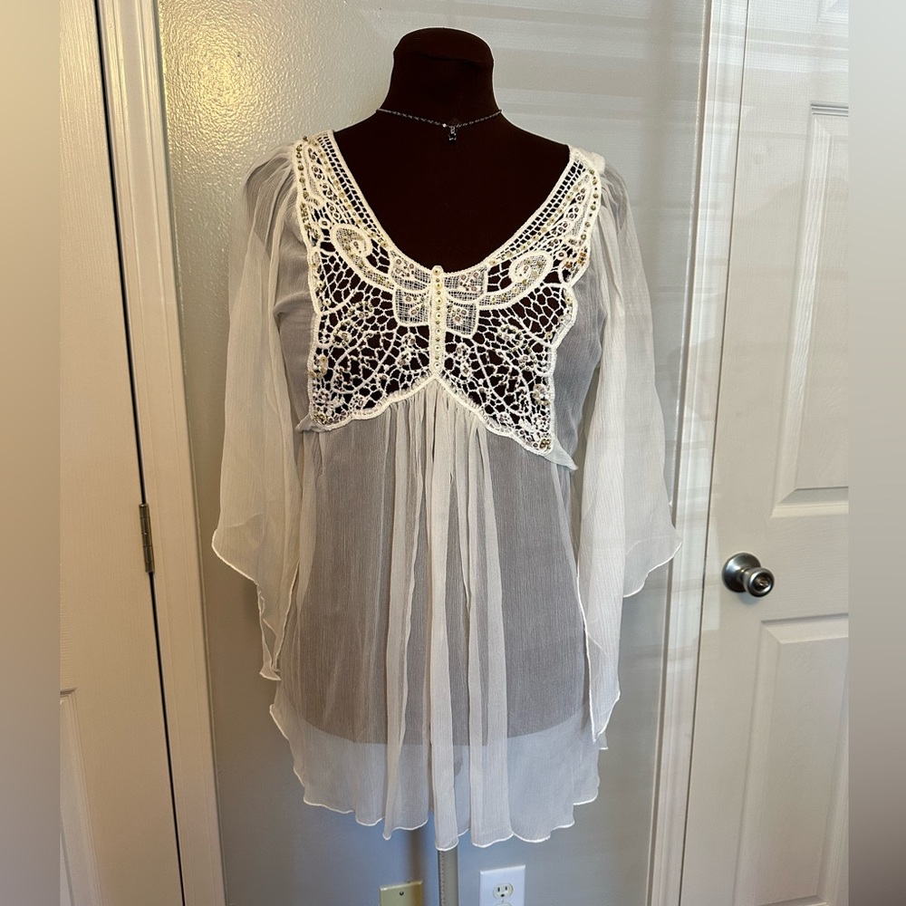 Pyramid Collection 100% Silk Sheer Butterfly Crocheted & Beaded Tunic